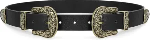 WHIPPY Vintage Western Leather Belt for Women Double Buckle Retro Cowgirl Waist Belts for Jeans Pants Dresses