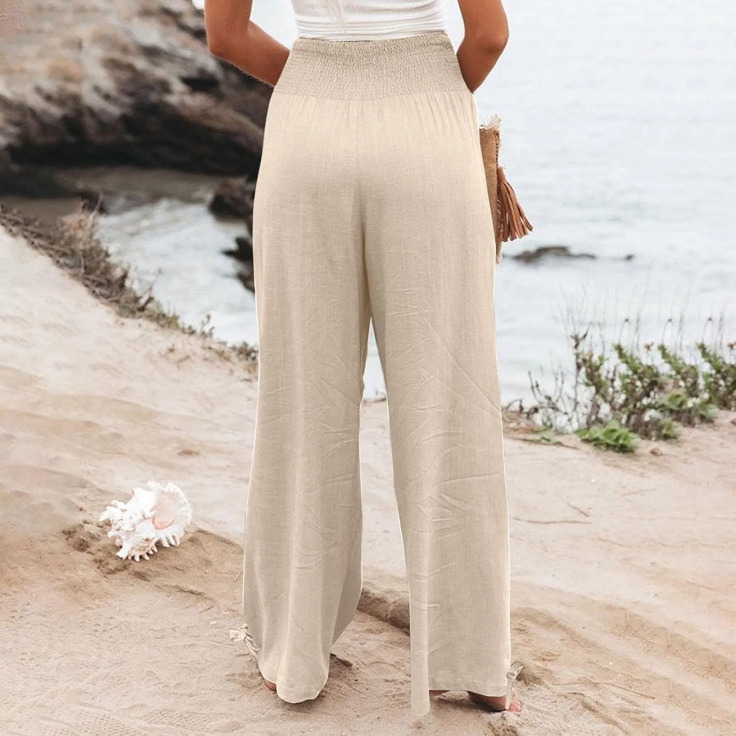 Wide Leg Linen Pants Women Summer High Waisted Boho Beach Flowy Pant Casual Vacation Outfits Elastic Lounge Trousers