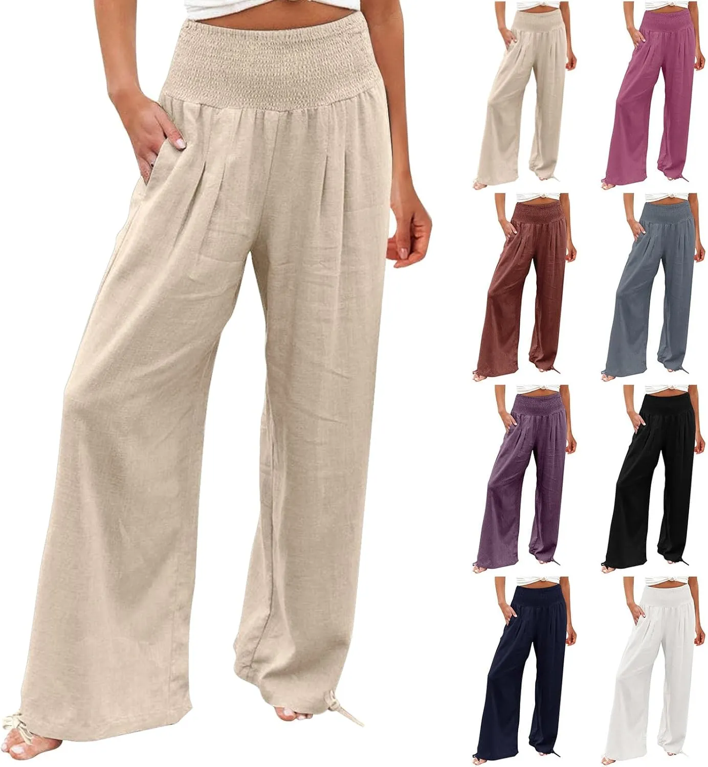 Wide Leg Linen Pants Women Summer High Waisted Boho Beach Flowy Pant Casual Vacation Outfits Elastic Lounge Trousers