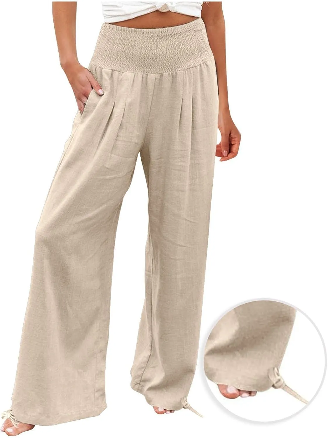 Wide Leg Linen Pants Women Summer High Waisted Boho Beach Flowy Pant Casual Vacation Outfits Elastic Lounge Trousers