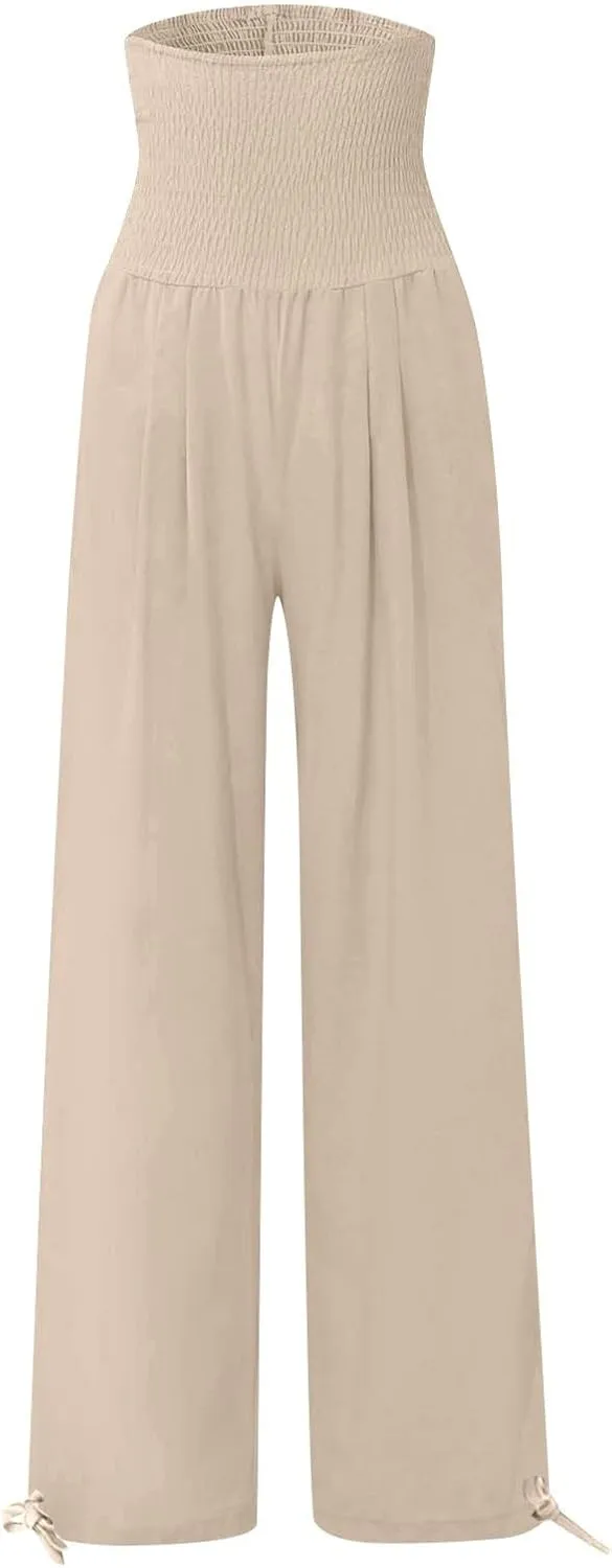 Wide Leg Linen Pants Women Summer High Waisted Boho Beach Flowy Pant Casual Vacation Outfits Elastic Lounge Trousers