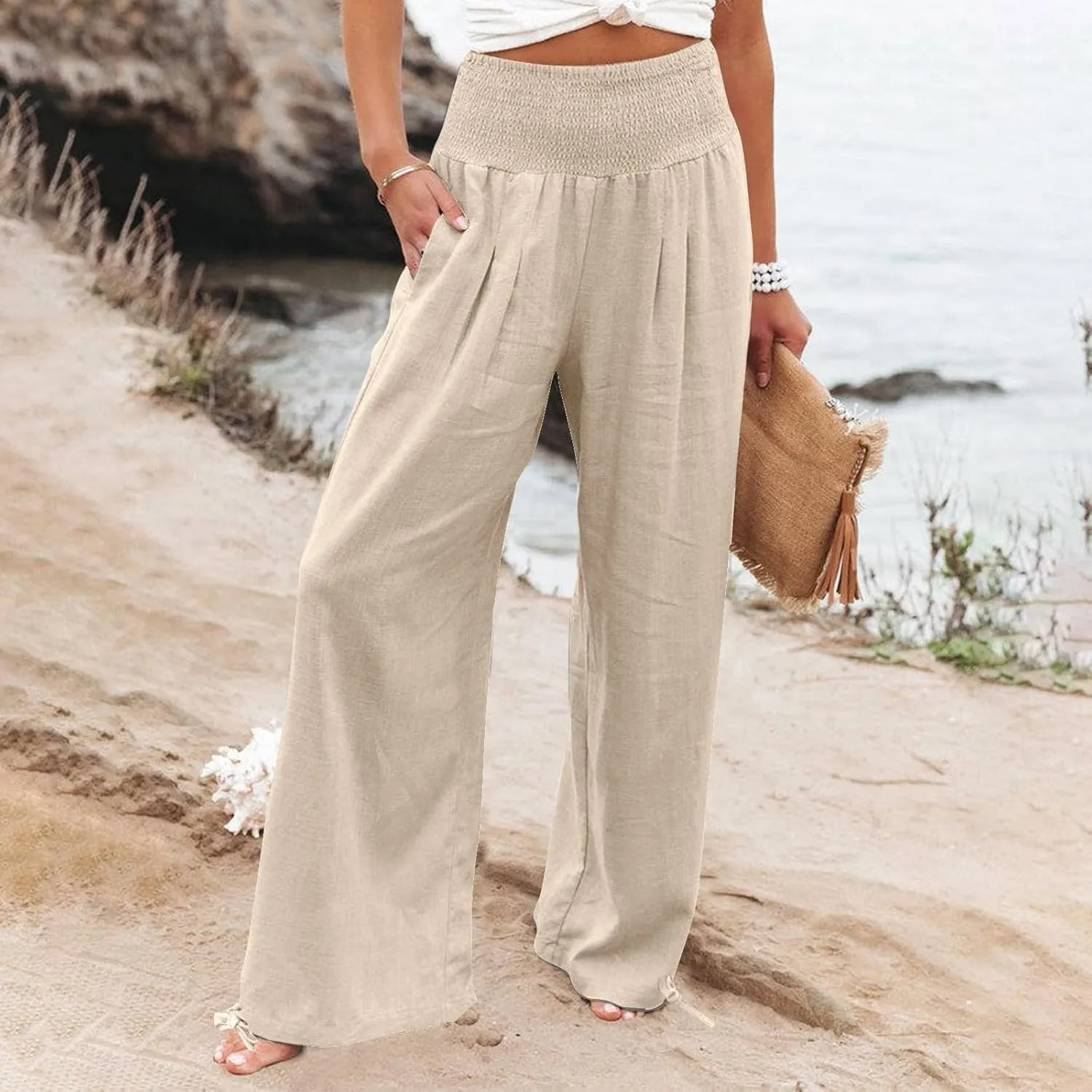 Wide Leg Linen Pants Women Summer High Waisted Boho Beach Flowy Pant Casual Vacation Outfits Elastic Lounge Trousers