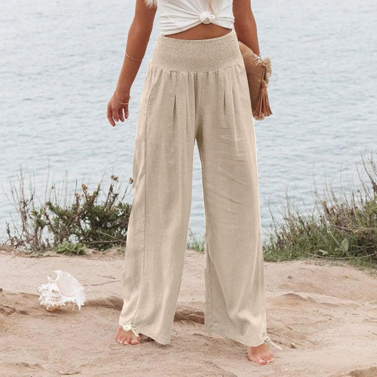 Wide Leg Linen Pants Women Summer High Waisted Boho Beach Flowy Pant Casual Vacation Outfits Elastic Lounge Trousers