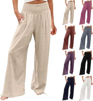 Wide Leg Linen Pants Women Summer High Waisted Boho Beach Flowy Pant Casual Vacation Outfits Elastic Lounge Trousers