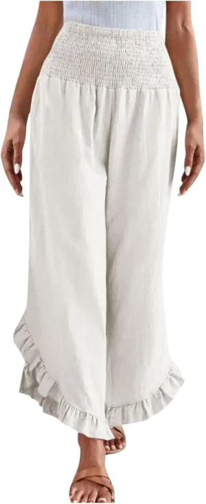 Wide Leg Pants for Women 2025 Summer Lounge Palazzo Pants High Waisted Ruffle Hem Boho Beach Flowy Trousers Pockets