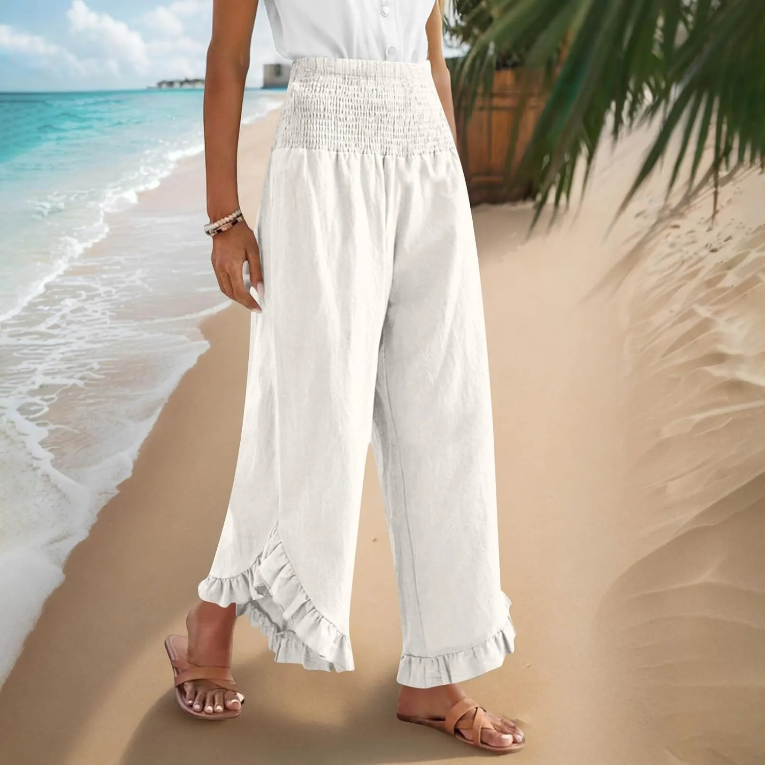 Wide Leg Pants for Women 2025 Summer Lounge Palazzo Pants High Waisted Ruffle Hem Boho Beach Flowy Trousers Pockets