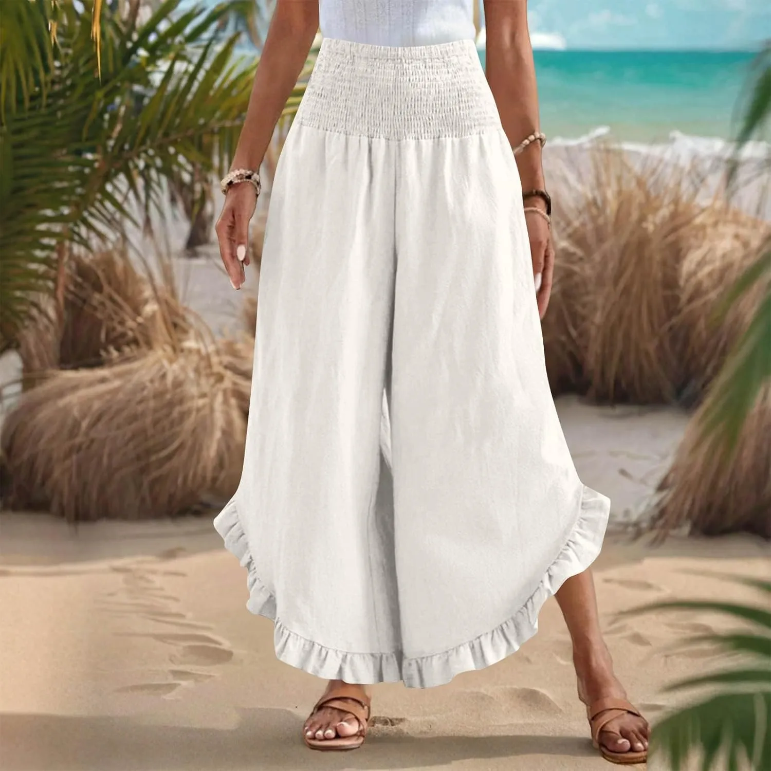 Wide Leg Pants for Women 2025 Summer Lounge Palazzo Pants High Waisted Ruffle Hem Boho Beach Flowy Trousers Pockets
