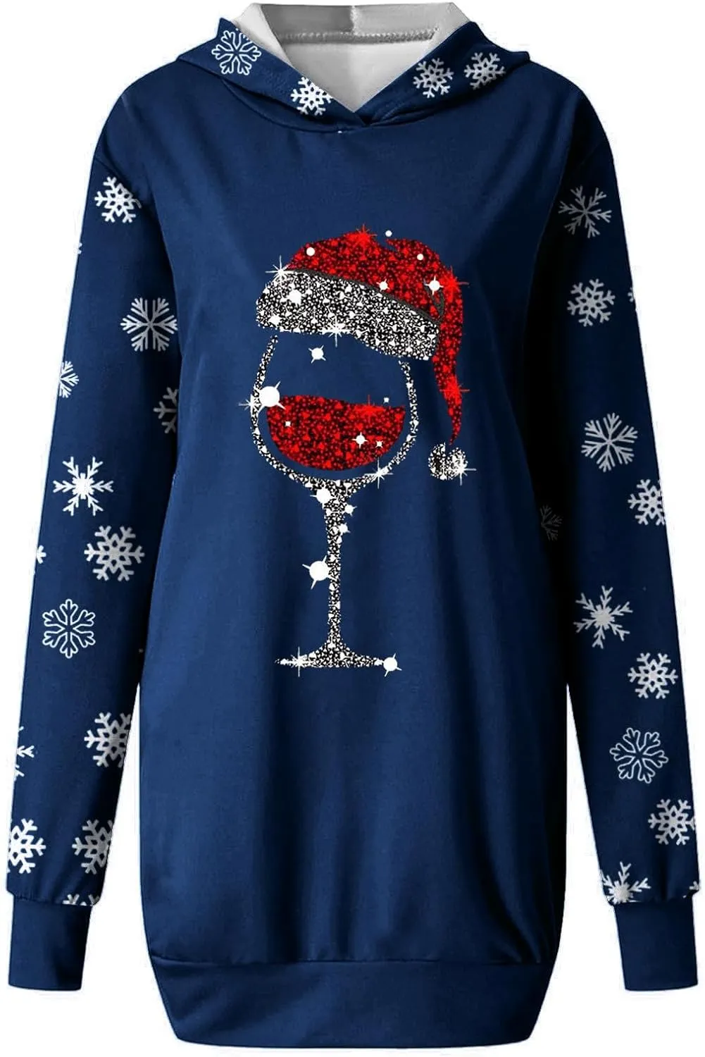 Women 2024 Christmas Hoodies Dress Long Sleeve Red Wine Glass Print Sweatshirt Tunic Oversized Xmas Hooded Party Dress