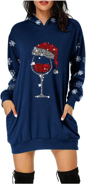 Women 2024 Christmas Hoodies Dress Long Sleeve Red Wine Glass Print Sweatshirt Tunic Oversized Xmas Hooded Party Dress