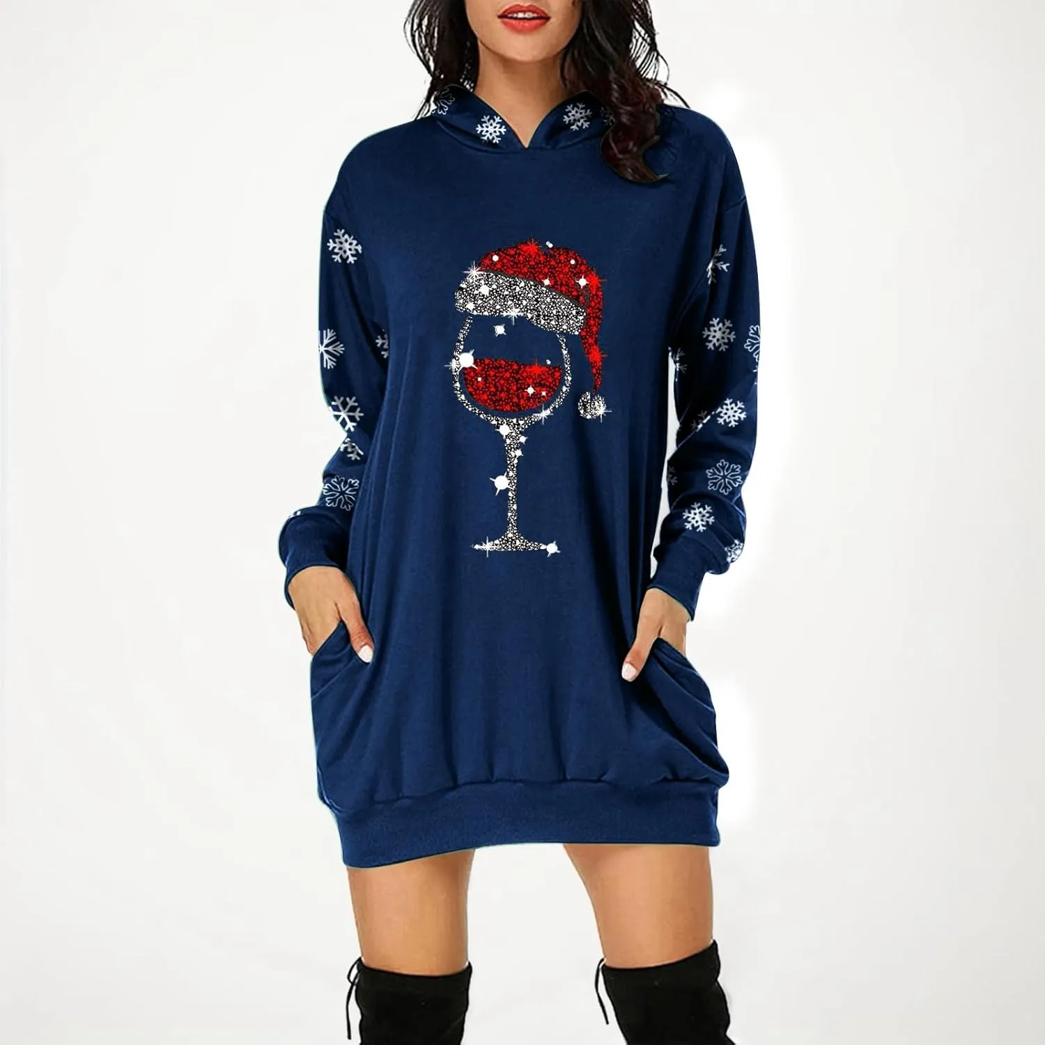 Women 2024 Christmas Hoodies Dress Long Sleeve Red Wine Glass Print Sweatshirt Tunic Oversized Xmas Hooded Party Dress