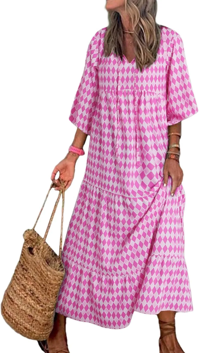 Women Boho Floral Print Maxi Dresses 2024 V Neck Long Puff Sleeve Ruffle Flowy Plus Size Long Dress for Curvy Women