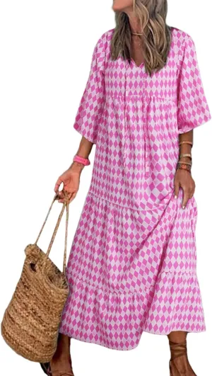 Women Boho Floral Print Maxi Dresses 2024 V Neck Long Puff Sleeve Ruffle Flowy Plus Size Long Dress for Curvy Women