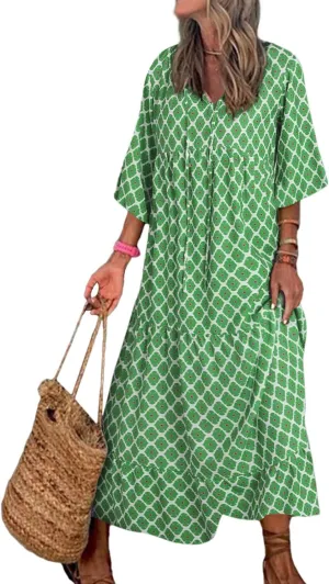 Women Boho Floral Print Maxi Dresses 2024 V Neck Long Puff Sleeve Ruffle Flowy Plus Size Long Dress for Curvy Women