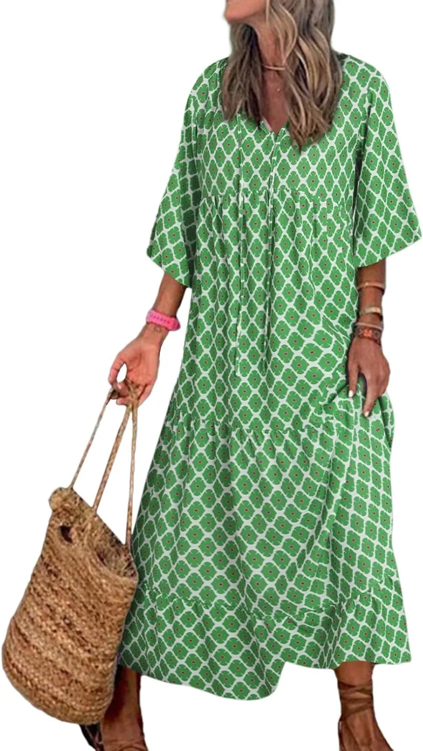 Women Boho Floral Print Maxi Dresses 2024 V Neck Long Puff Sleeve Ruffle Flowy Plus Size Long Dress for Curvy Women