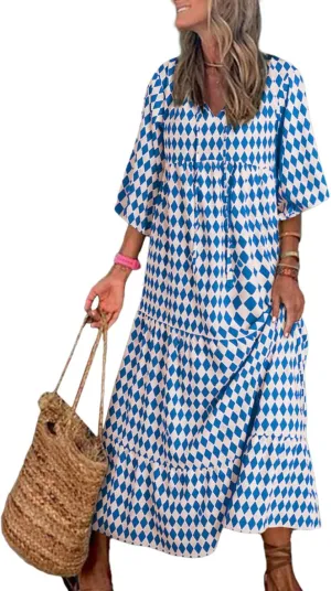 Women Boho Floral Print Maxi Dresses 2024 V Neck Long Puff Sleeve Ruffle Flowy Plus Size Long Dress for Curvy Women