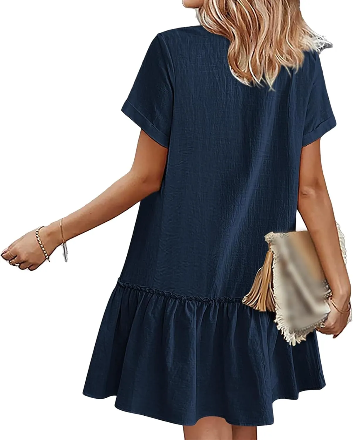 Women Button Down Dress V Neck Tiered Ruffle Hem Mini Dresses Summer Short Sleeve Dress Flowy Swing Sundress