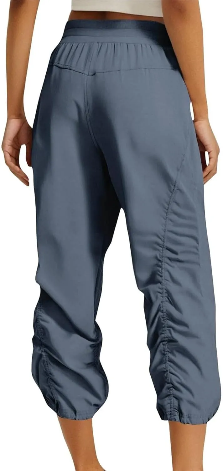Women Capri Pants Wide Leg Cropped Pants Drawstring Elastic High Waist Pant Casual Baggy Jogger Quick Dry Flowy Trouser