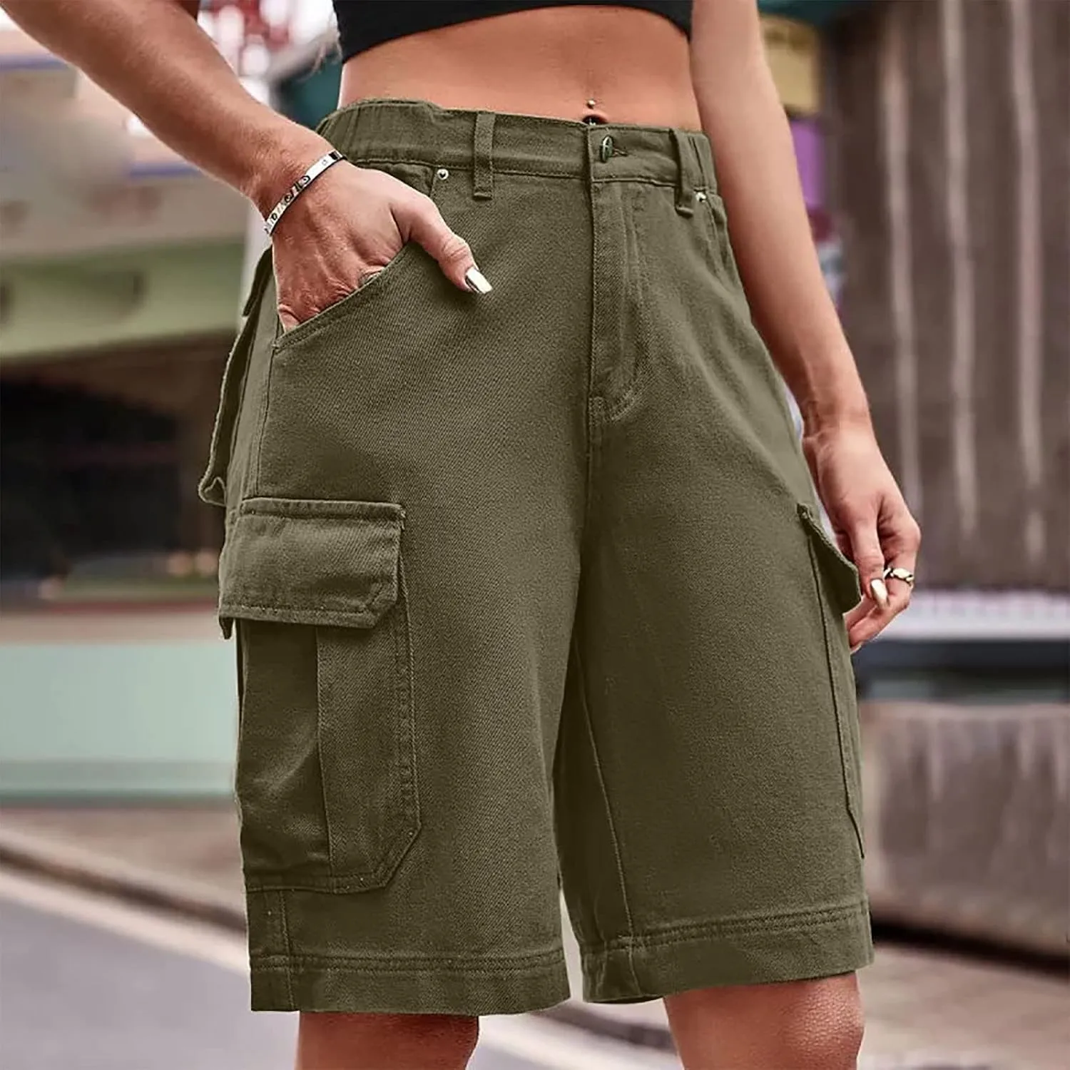 Women Cargo Jean Bermuda Shorts Knee Length Multi-Pockets Pull On Denim Short High Waisted Stretchy Hiking Golf Jorts