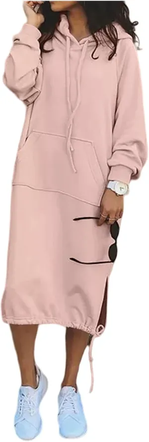 Women Casual Maxi Hoodies Split Hem Drawstring Hooded Long Sleeve Sweatshirt Fashion Long Dress with Pockets