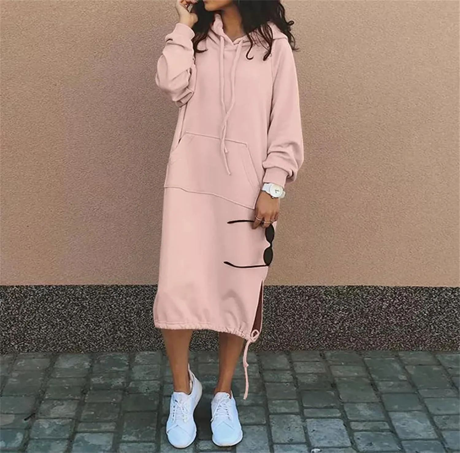 Women Casual Maxi Hoodies Split Hem Drawstring Hooded Long Sleeve Sweatshirt Fashion Long Dress with Pockets