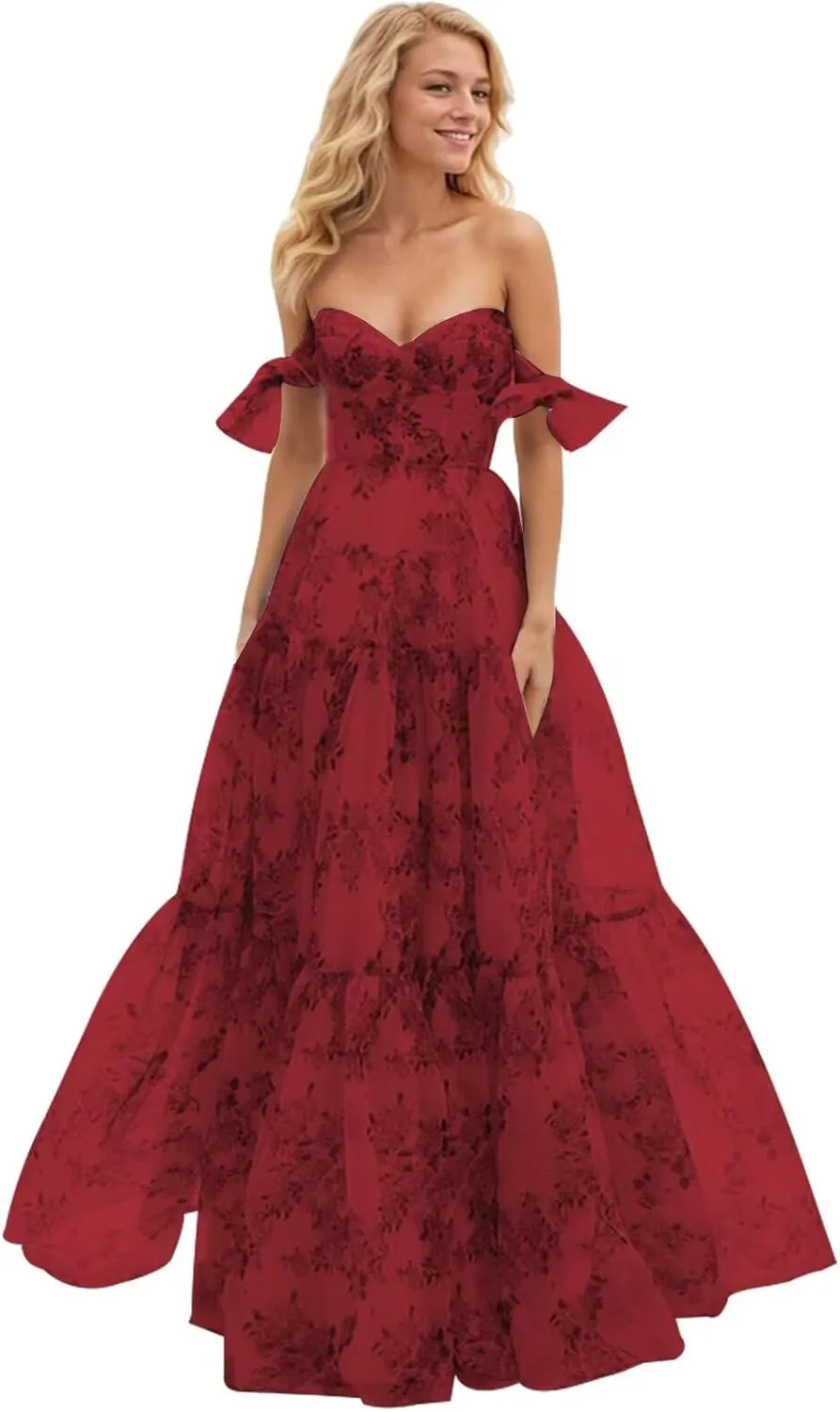 Women Chiffon Floral Print Off Shoulder Prom Dress 2025 Long Ball Gown Formal Dress Sweetheart Evening Gown