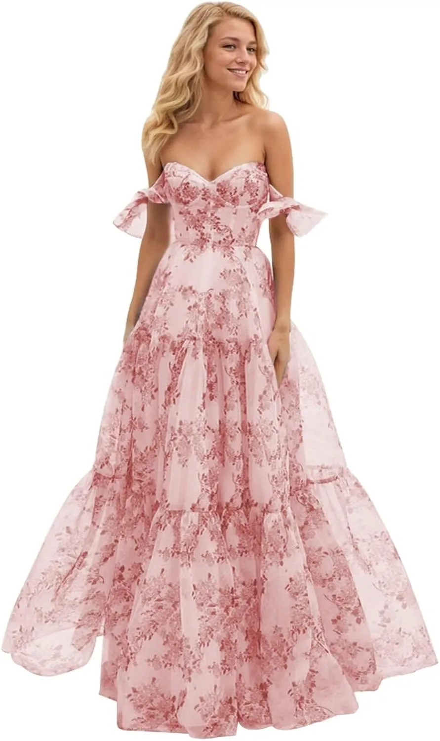 Women Chiffon Floral Print Off Shoulder Prom Dress 2025 Long Ball Gown Formal Dress Sweetheart Evening Gown