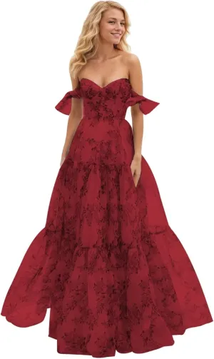 Women Chiffon Floral Print Off Shoulder Prom Dress 2025 Long Ball Gown Formal Dress Sweetheart Evening Gown
