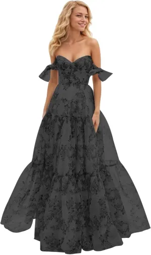 Women Chiffon Floral Print Off Shoulder Prom Dress 2025 Long Ball Gown Formal Dress Sweetheart Evening Gown