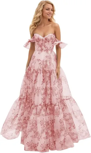 Women Chiffon Floral Print Off Shoulder Prom Dress 2025 Long Ball Gown Formal Dress Sweetheart Evening Gown