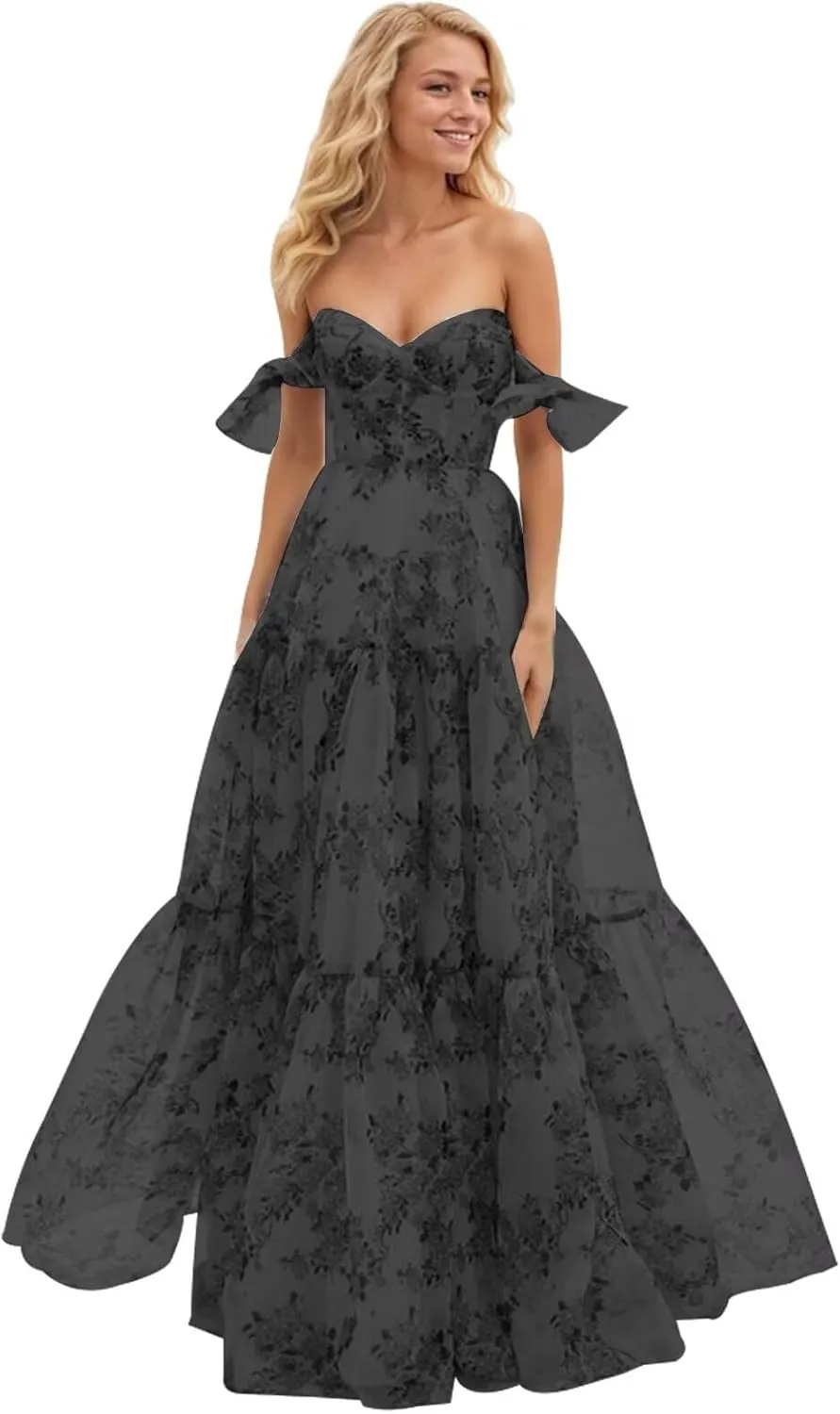 Women Chiffon Floral Print Off Shoulder Prom Dress 2025 Long Ball Gown Formal Dress Sweetheart Evening Gown