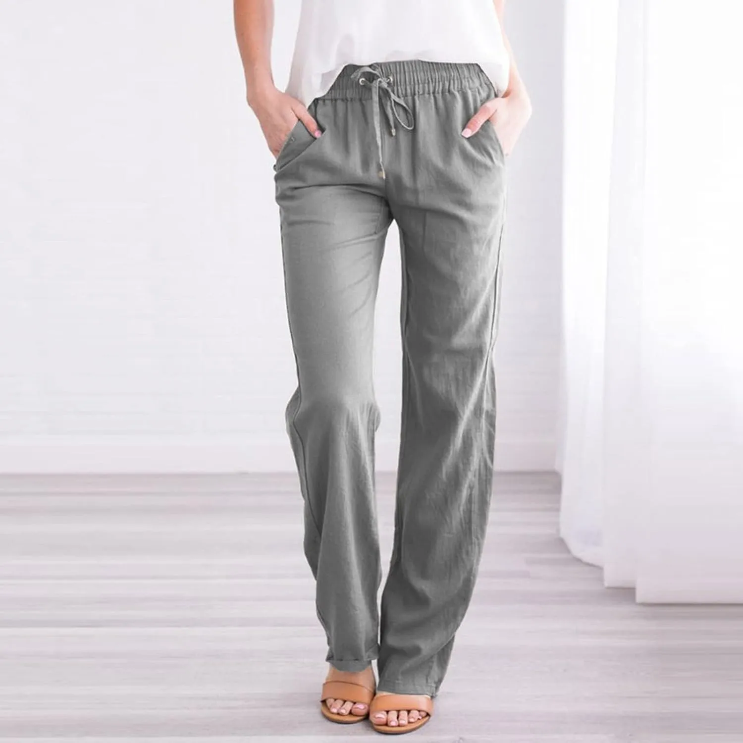 Women High Waist Linen Pant Trendy Boho Flowy Straight Leg Cuffed Trousers Hip Hop Athletic Palazzo Casual Sweatpants