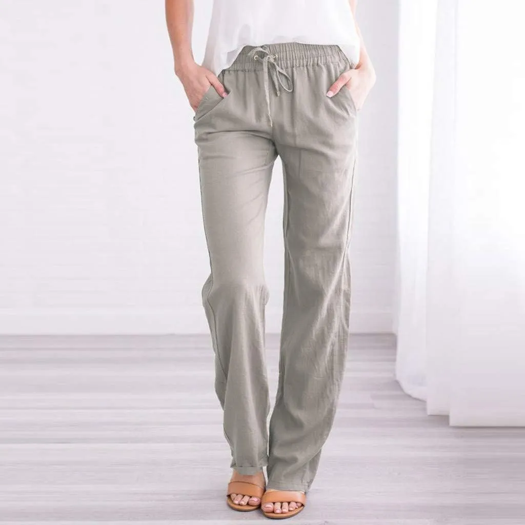 Women High Waist Linen Pant Trendy Boho Flowy Straight Leg Cuffed Trousers Hip Hop Athletic Palazzo Casual Sweatpants