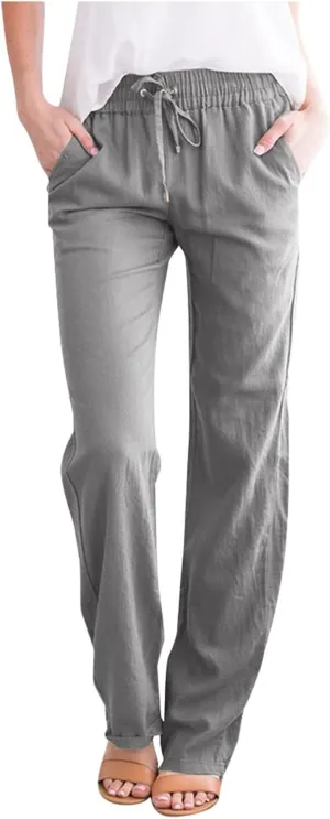 Women High Waist Linen Pant Trendy Boho Flowy Straight Leg Cuffed Trousers Hip Hop Athletic Palazzo Casual Sweatpants