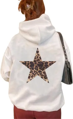 Women Leopard Star Graphic Fleece Hoodie Long Sleeve Drop Shoulder Oversized Aesthetic Hooded Sweatshirt Girls