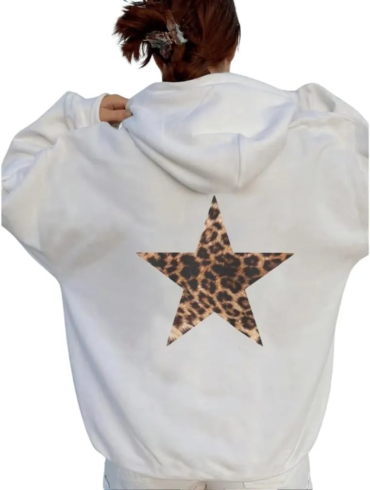Women Leopard Star Graphic Fleece Hoodie Long Sleeve Drop Shoulder Oversized Aesthetic Hooded Sweatshirt Girls