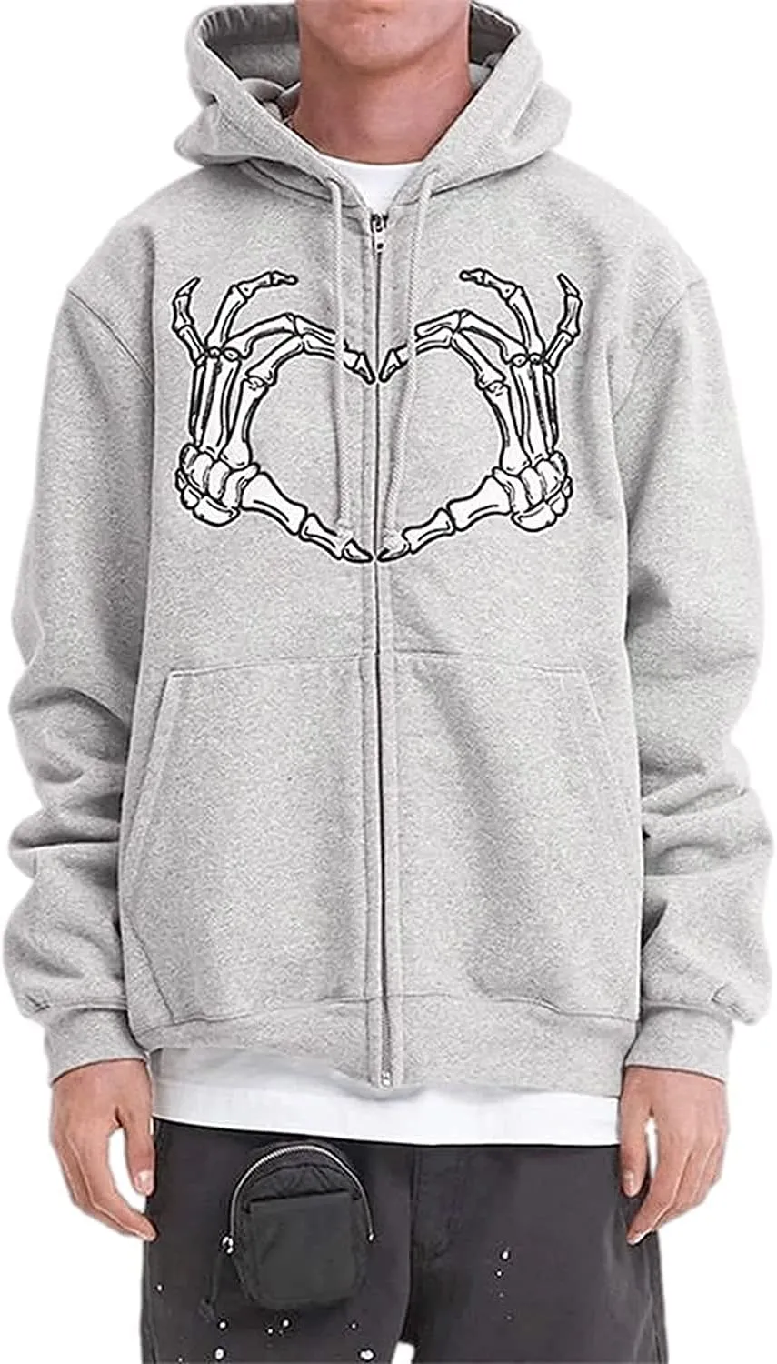 Women Men Oversized Y2K Zip Up Sweatshirt Hoodie Jacket Halloween Skeleton Print Coat Aesthetic Streetwear Top