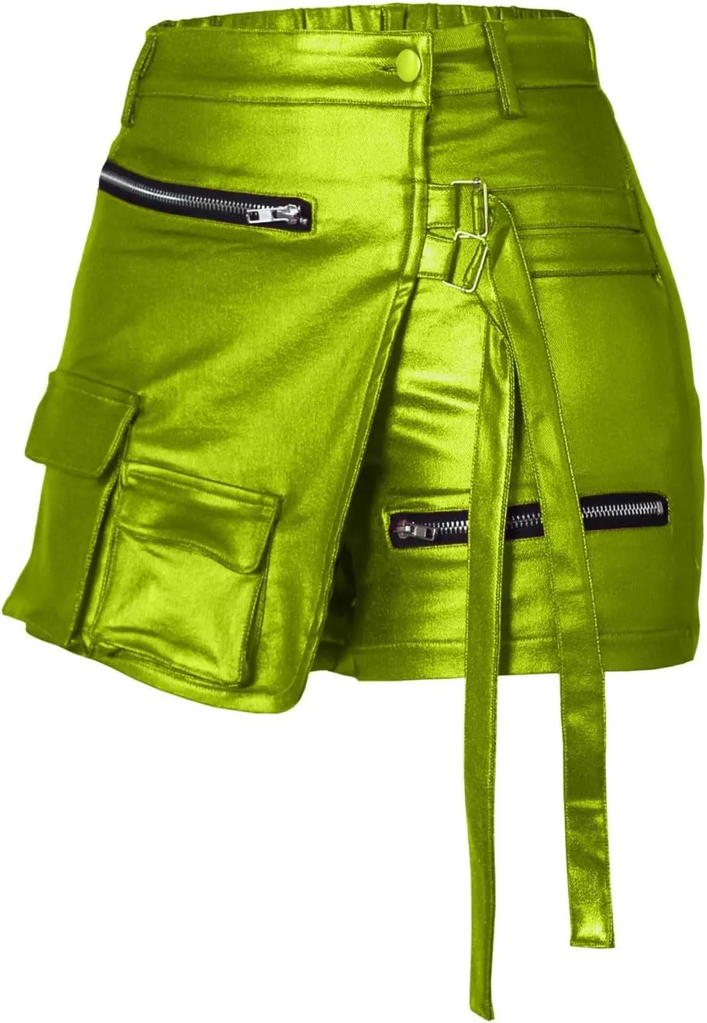 Women Metallic Cargo Leather Shorts Metallic High Waisted Irregular Split Sexy Rave Asymmetrical Streetwear Skorts