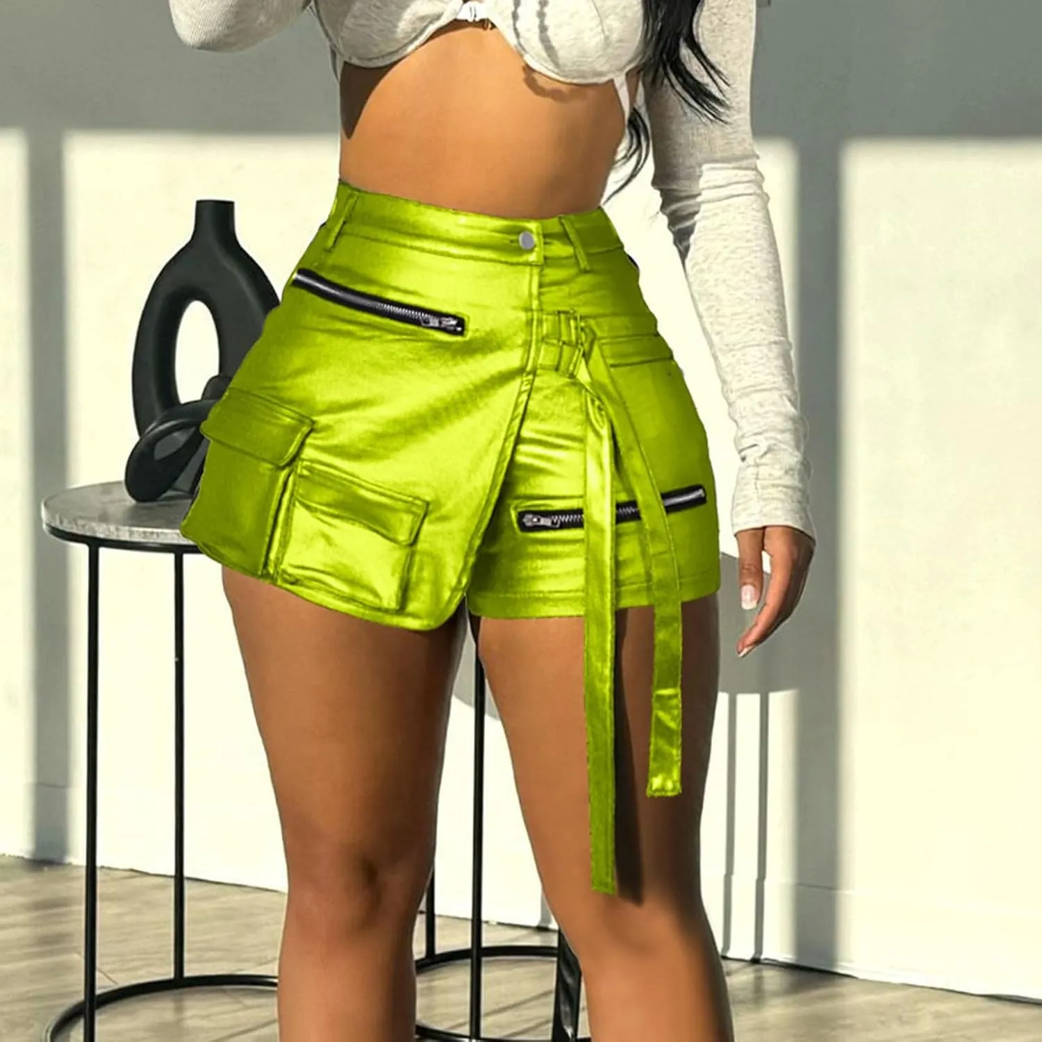 Women Metallic Cargo Leather Shorts Metallic High Waisted Irregular Split Sexy Rave Asymmetrical Streetwear Skorts