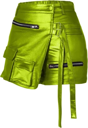 Women Metallic Cargo Leather Shorts Metallic High Waisted Irregular Split Sexy Rave Asymmetrical Streetwear Skorts