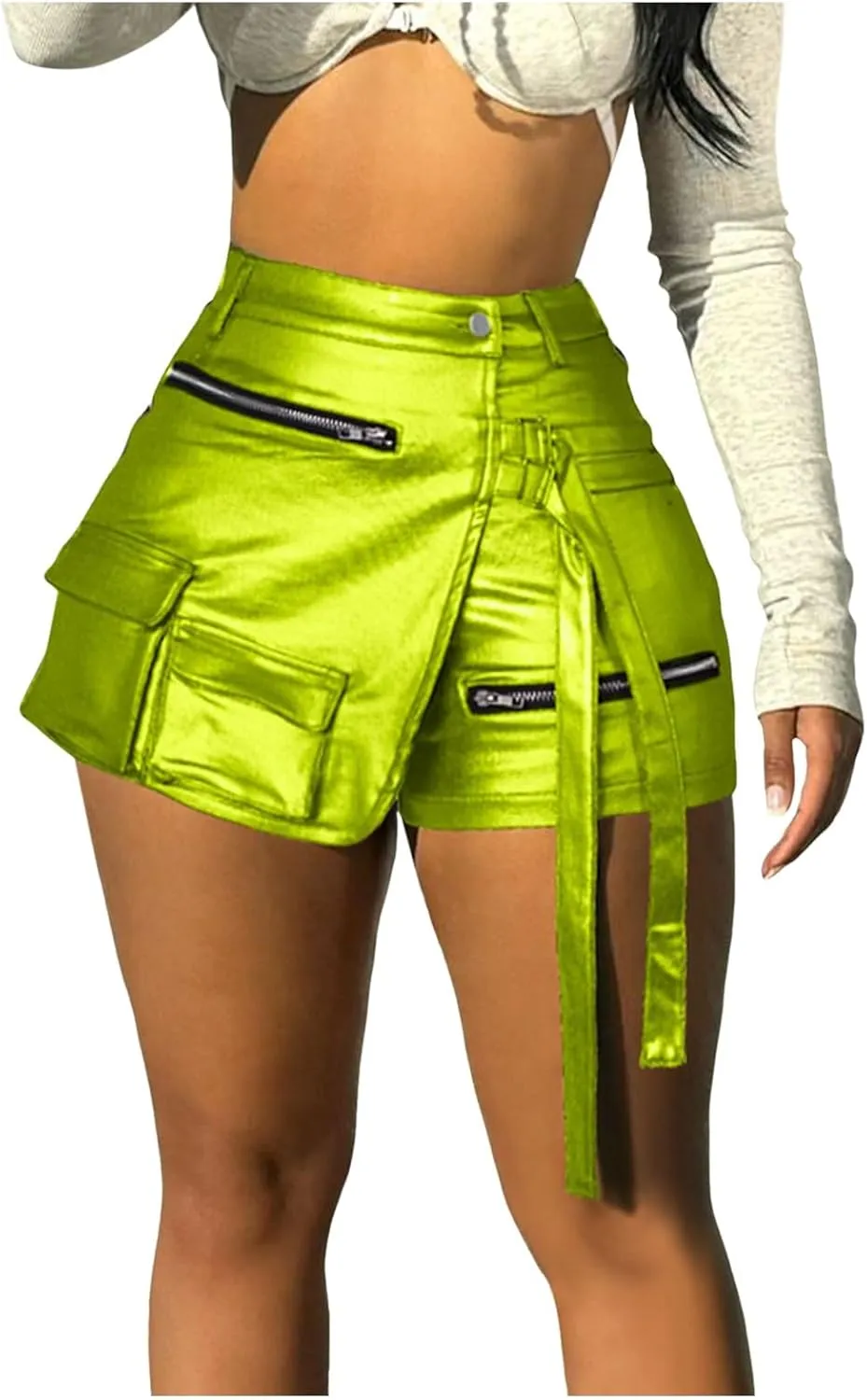 Women Metallic Cargo Leather Shorts Metallic High Waisted Irregular Split Sexy Rave Asymmetrical Streetwear Skorts