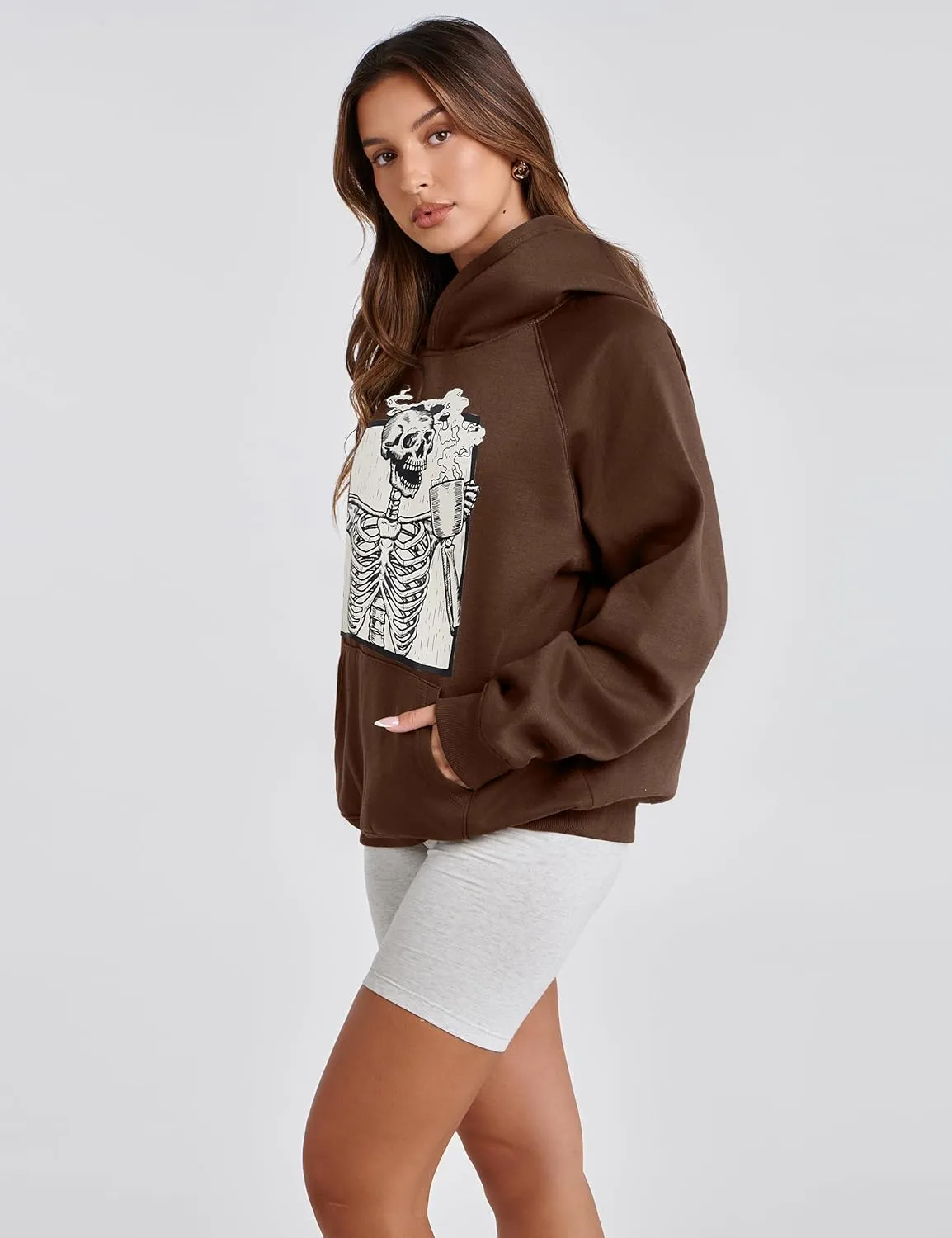 Women Skull Graphic Printed Fleece Oversized Hoodie Sweatshirt Long Sleeve Drop Shoulder Pullovers Top