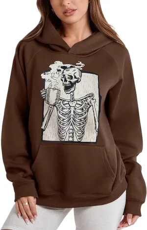 Women Skull Graphic Printed Fleece Oversized Hoodie Sweatshirt Long Sleeve Drop Shoulder Pullovers Top