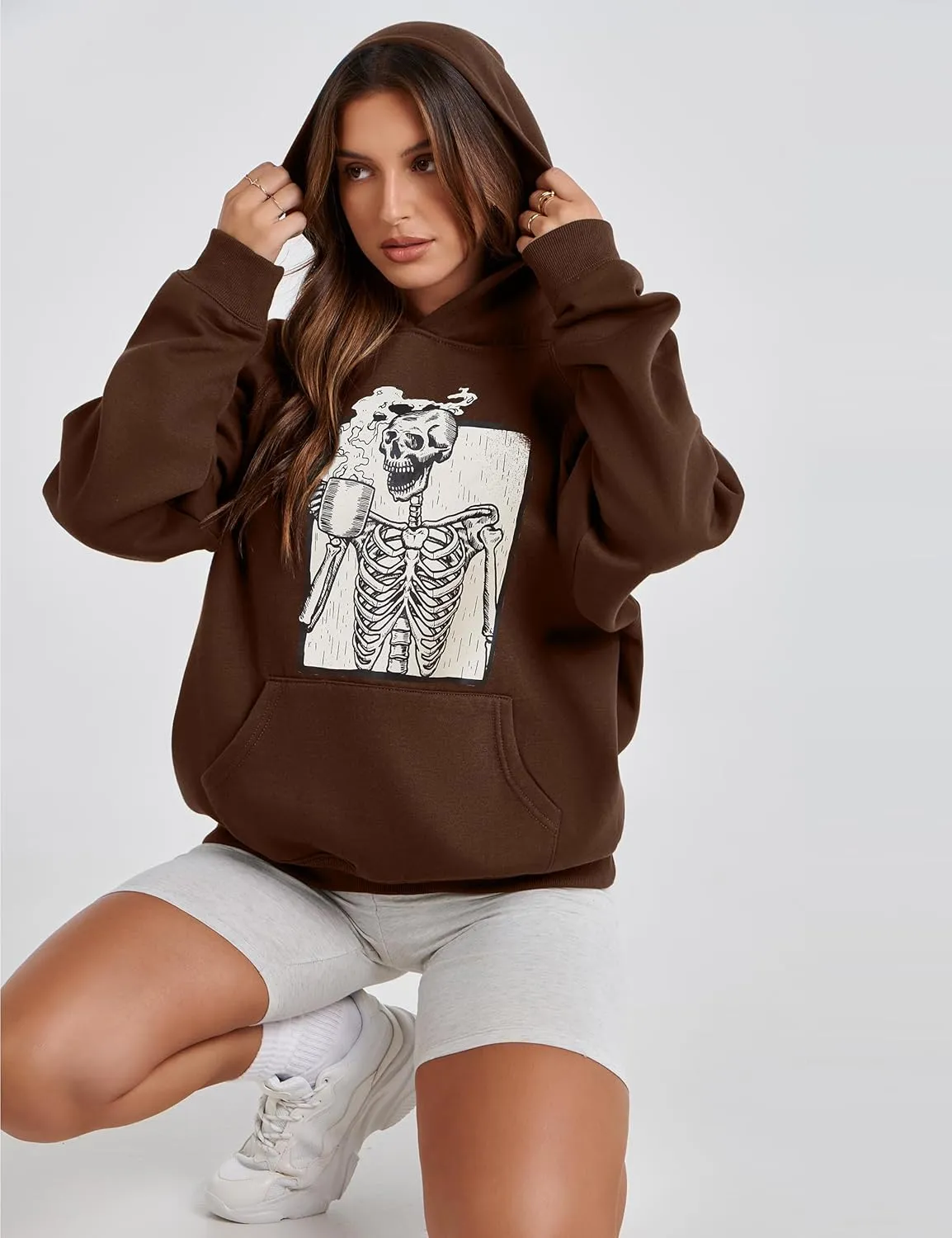 Women Skull Graphic Printed Fleece Oversized Hoodie Sweatshirt Long Sleeve Drop Shoulder Pullovers Top