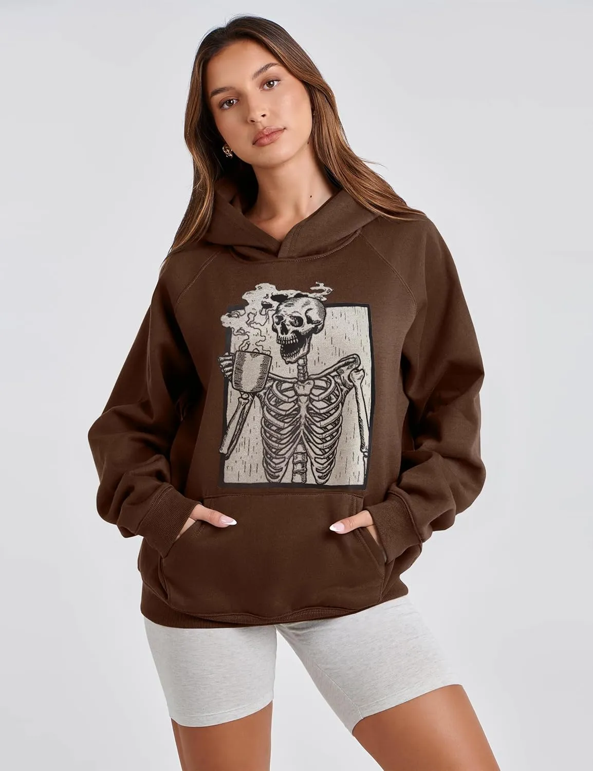 Women Skull Graphic Printed Fleece Oversized Hoodie Sweatshirt Long Sleeve Drop Shoulder Pullovers Top