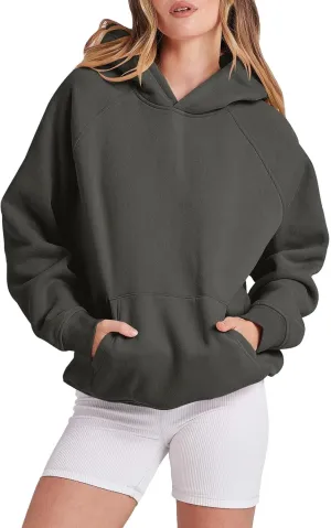 Women Solid Basic Loose Hoodie Fleece Long Sleeve Pocket Drop Shoulder Pullovers Oversized Hooded Sweatshirts Top