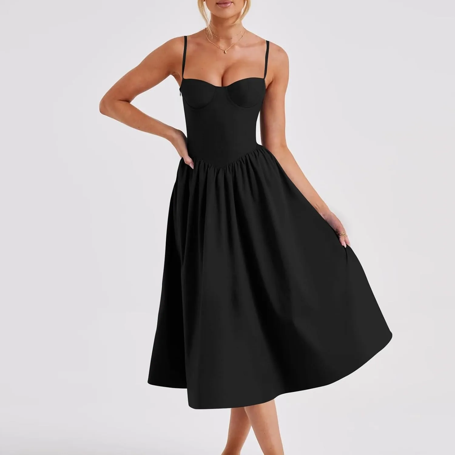 Women Summer 2025 Maxi Dress Spaghetti Strap Back CRIS Cross Flowy Pleated Hem Corset Skirt Church Work Dresses Outfits