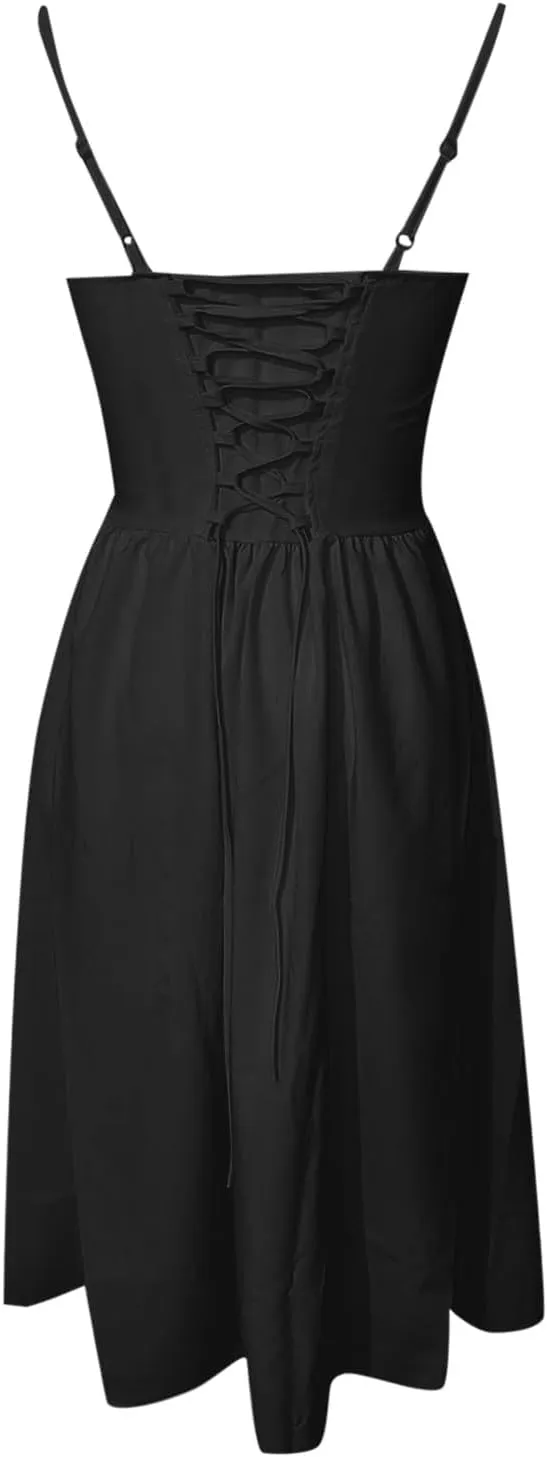 Women Summer 2025 Maxi Dress Spaghetti Strap Back CRIS Cross Flowy Pleated Hem Corset Skirt Church Work Dresses Outfits