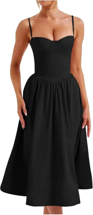Women Summer 2025 Maxi Dress Spaghetti Strap Back CRIS Cross Flowy Pleated Hem Corset Skirt Church Work Dresses Outfits