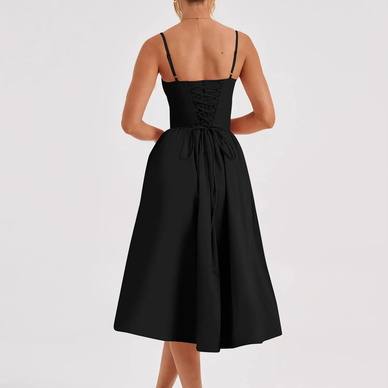 Women Summer 2025 Maxi Dress Spaghetti Strap Back CRIS Cross Flowy Pleated Hem Corset Skirt Church Work Dresses Outfits