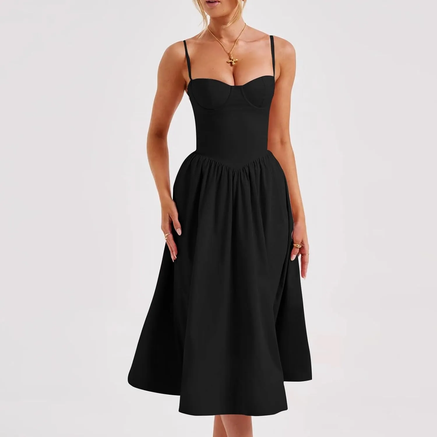 Women Summer 2025 Maxi Dress Spaghetti Strap Back CRIS Cross Flowy Pleated Hem Corset Skirt Church Work Dresses Outfits